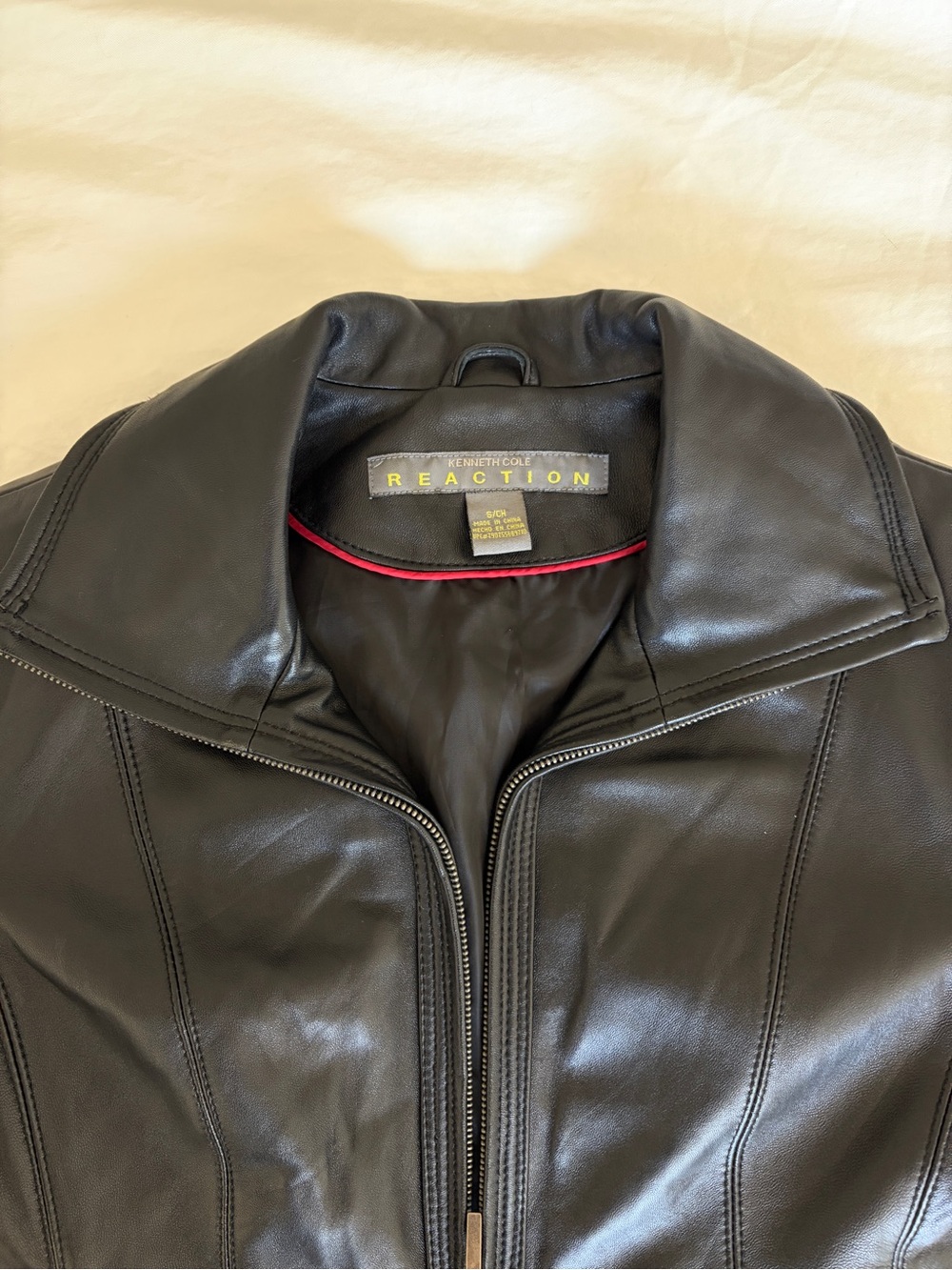 Kenneth Cole Reaction Women's Black Leather Zip Jacket with Stand Collar